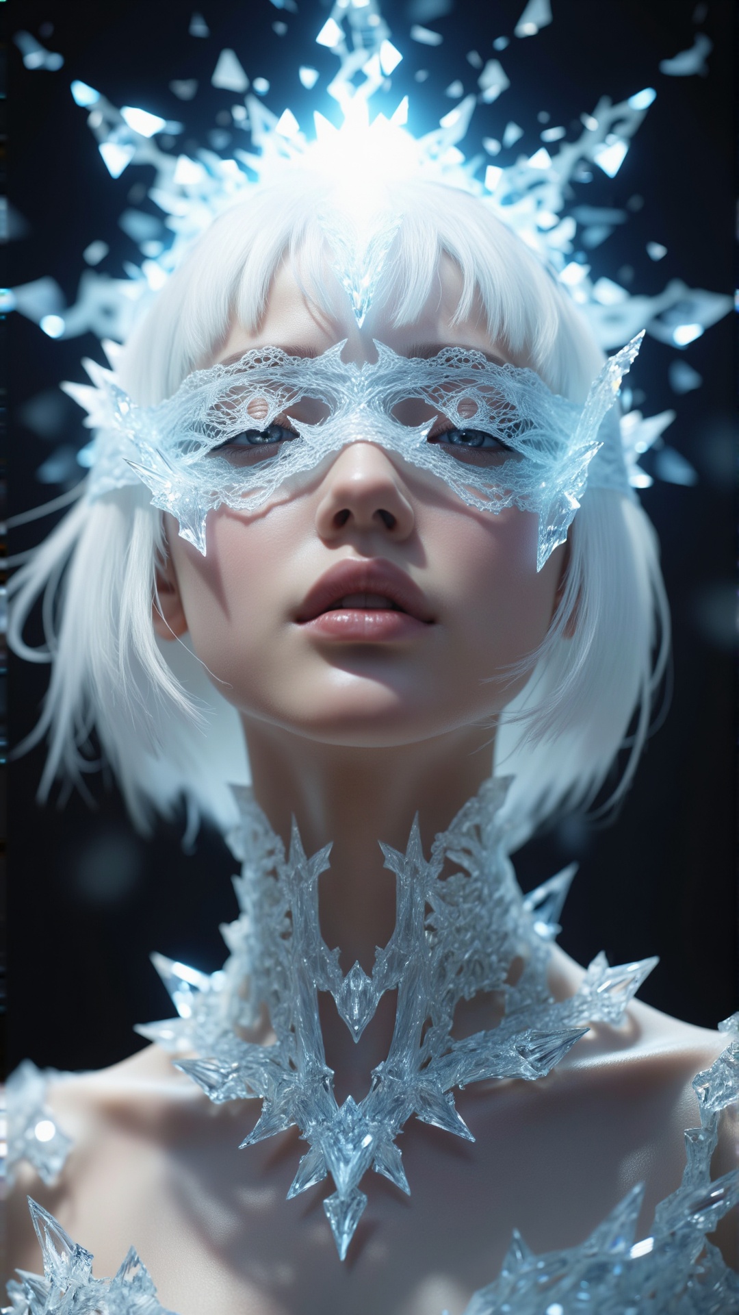 A hyper-realistic,  shallow-depth-of-field portrait with stark,  crystalline contrast captures an ethereal young woman. He...