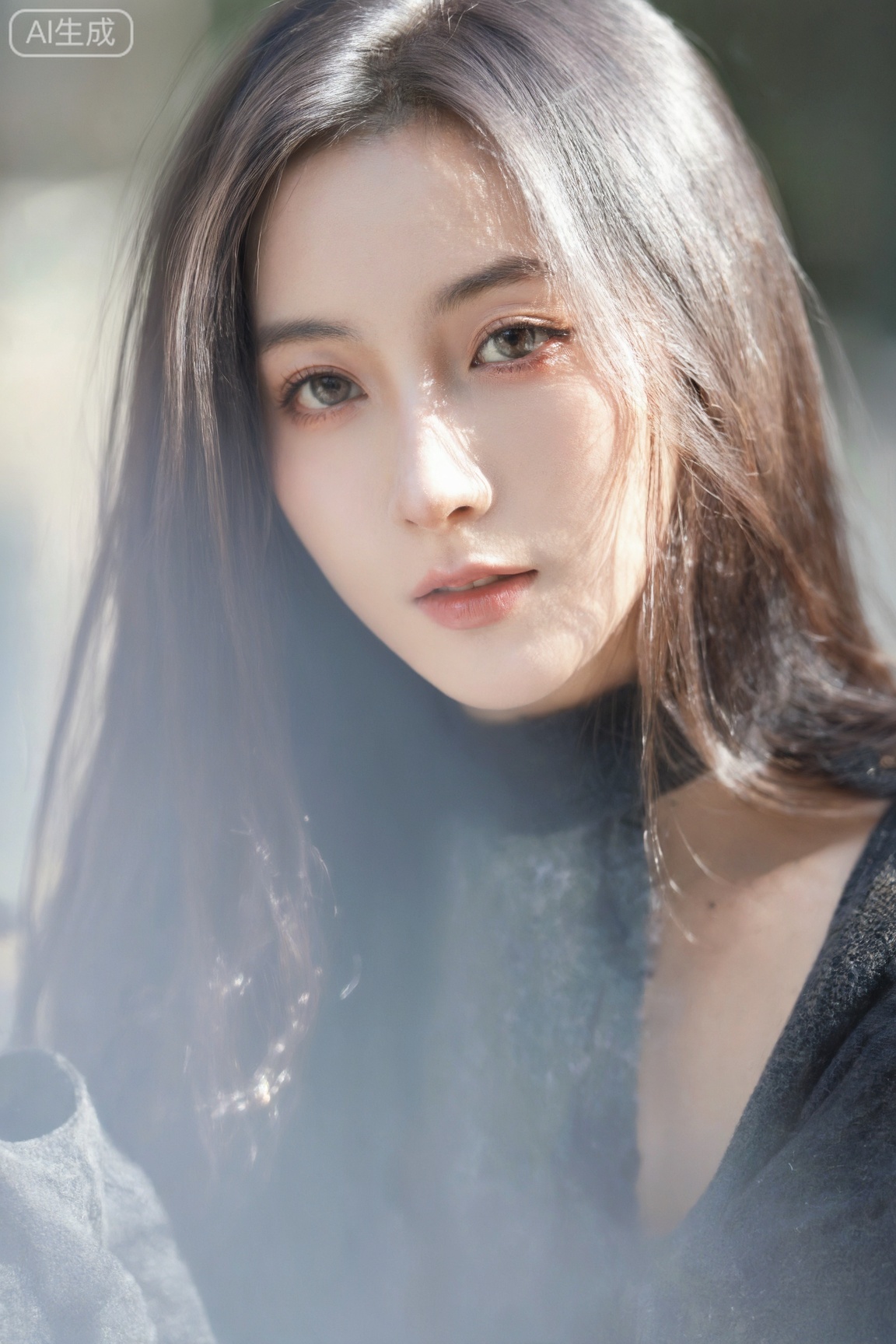 梦幻柔焦女性特写,长发飘逸,眼神迷离,逆光拍摄,发丝泛着金边,浅粉色唇彩,朦胧光晕背景,仙气十足,85mm人像镜头效果。