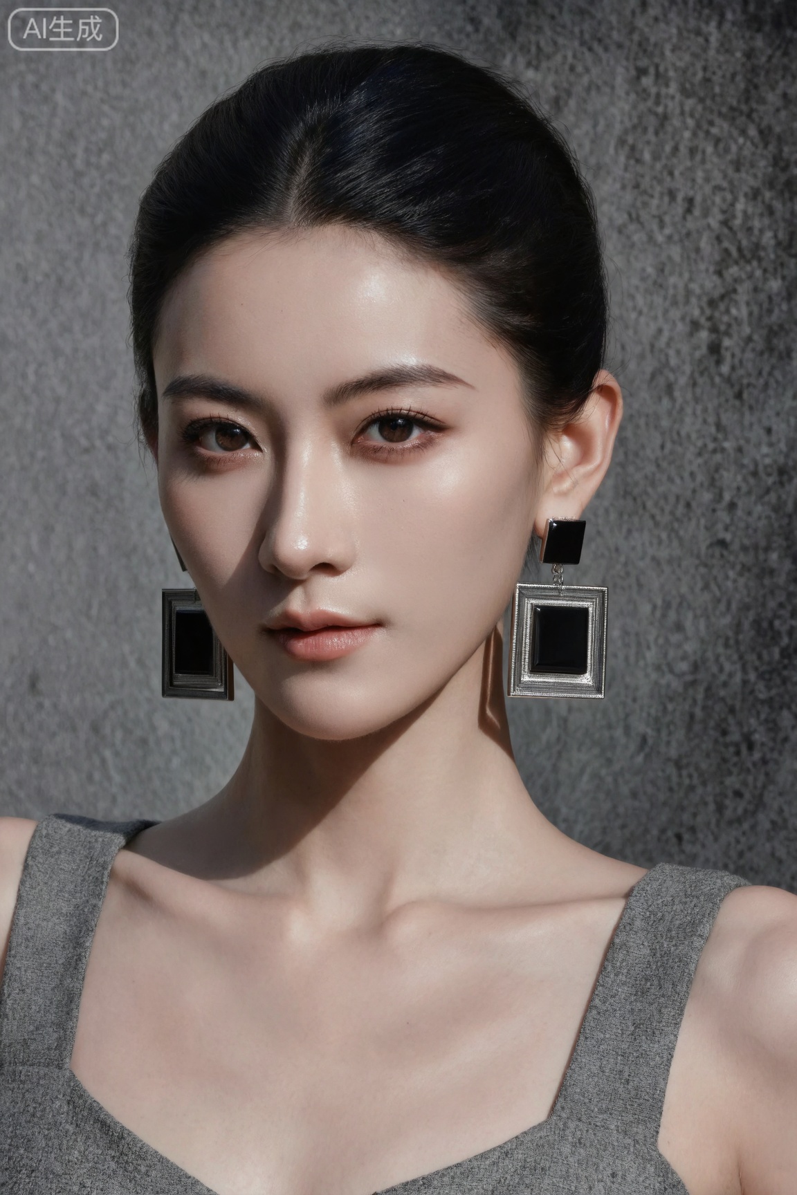 这是一张极具时尚感的杂志风格图片,主体是一位妆容精致的女性。她梳着干净利落的高束发型,露出光洁的额头与优美的脸部线条。佩戴着一对造型独特的方形大耳环,耳环由多层金属框架嵌套而成,中间似乎嵌有深色材质,设计简约又不失奢华感。身着一件无袖的灰色质感上衣,凸显出优雅的肩颈线条。
风格上属于高端时尚风,背景为灰调且带有细腻纹理,营造出沉稳大气的氛围,与人物主体形成对比,突出人物形象。光线采用了柔和的侧光,巧妙勾勒出脸部的立体轮廓,同时让肌肤呈现出细腻的光泽感,增添了神秘而高雅的韵味。
渲染方式写实,色彩搭配上以人物的肤色、灰色上衣、金属质感的耳环以及灰调背景为主,整体色调和谐统一且富有质感。构图为人物的正面特写,将人物的精致五官与时尚配饰完美展现,镜头视角为特写,搭配后期精心调校的色调与光影,使得整张图片充满了高端时尚杂志的高级质感,传递出前卫、精致的时尚态度。画面中还有文字元素,整体风格高级,简约,充满时尚与艺术感,色调以黑,银,灰为主,传递出精致的视觉效果,