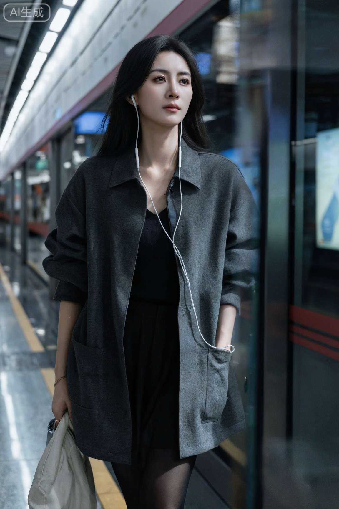 地铁站内,女性靠在玻璃墙边,耳机线垂落,眼神略带疲惫却坚定,冷色调灯光,现代都市女性的生活切片。