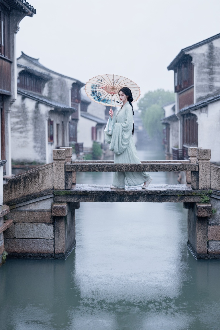 A GuoFeng scene of an East Asian woman walking across a stone bridge in an ancient water town. She is holding a hand-paint...