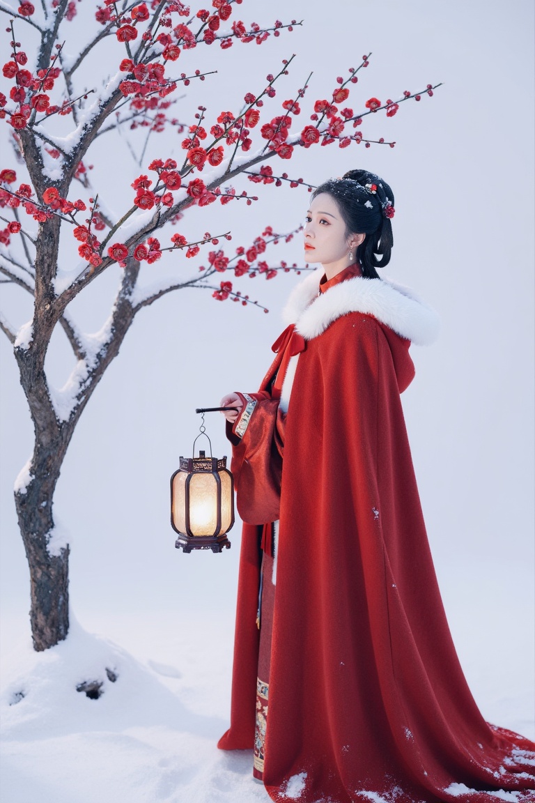A GuoFeng winter landscape. An East Asian woman in a heavy red velvet cloak with white fur trim stands in a snowy courtyar...