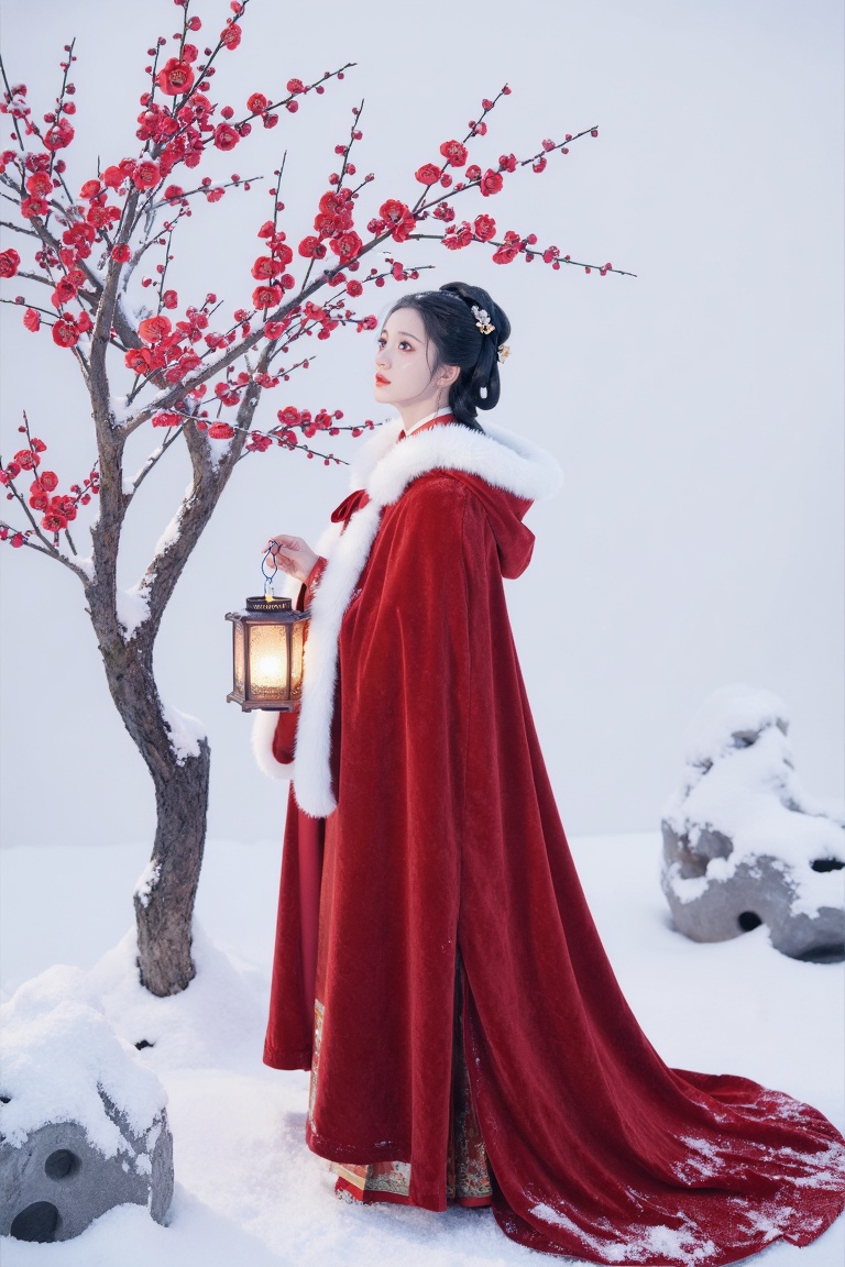 A GuoFeng winter landscape. An East Asian woman in a heavy red velvet cloak with white fur trim stands in a snowy courtyar...