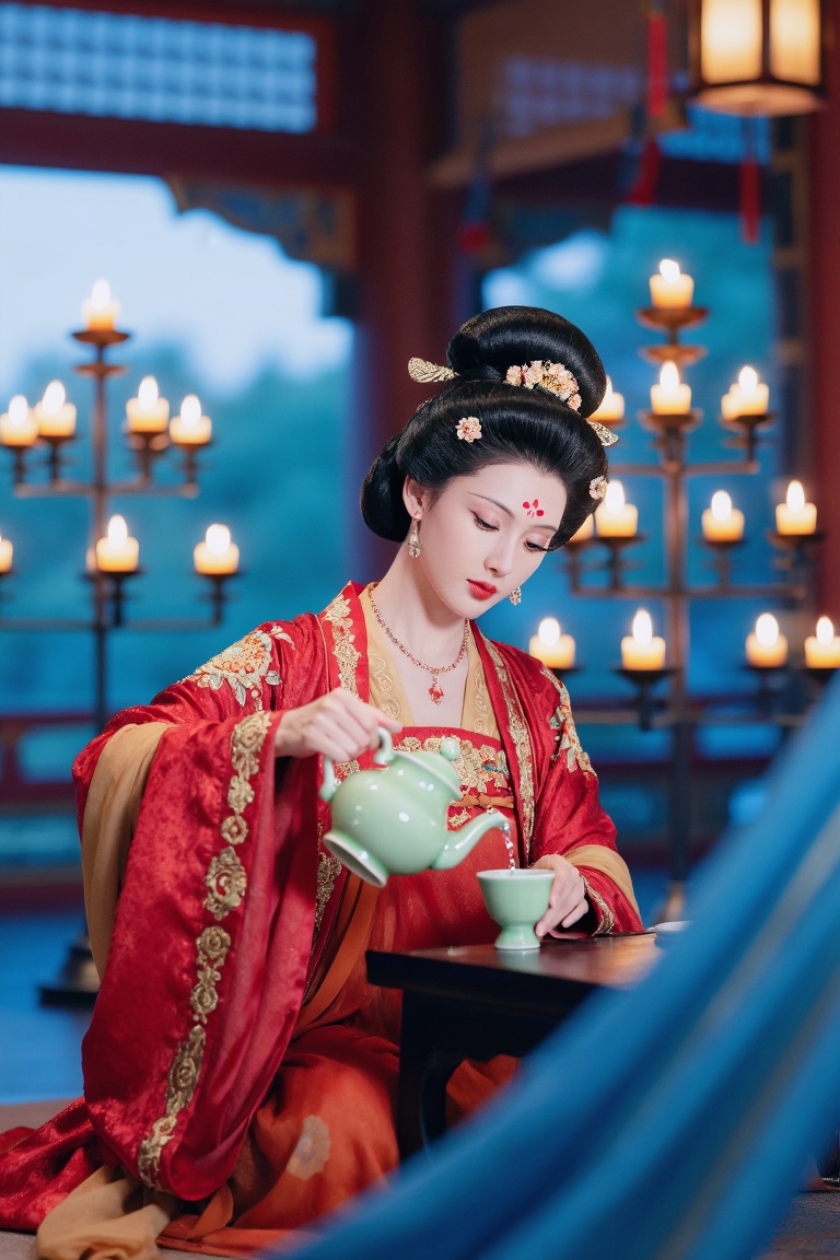 A GuoFeng cinematic shot of an East Asian woman dressed in ornate Tang Dynasty attire with vibrant crimson and gold embroi...