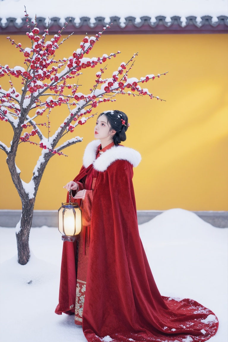 A GuoFeng winter landscape. An East Asian woman in a heavy red velvet cloak with white fur trim stands in a snowy courtyar...