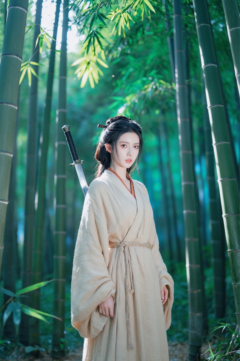 A GuoFeng Wuxia-inspired scene. An East Asian woman in a simple,  structured linen robe stands in a dense,  emerald-green...