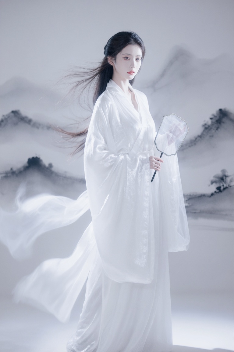 A GuoFeng portrait of an East Asian woman in a flowing white silk Hanfu,  standing amidst an ethereal mist. The background...
