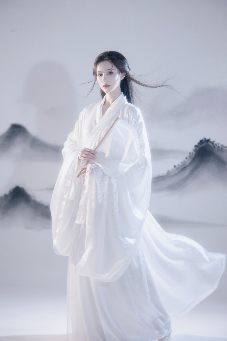 A GuoFeng portrait of an East Asian woman in a flowing white silk Hanfu,  standing amidst an ethereal mist. The background...