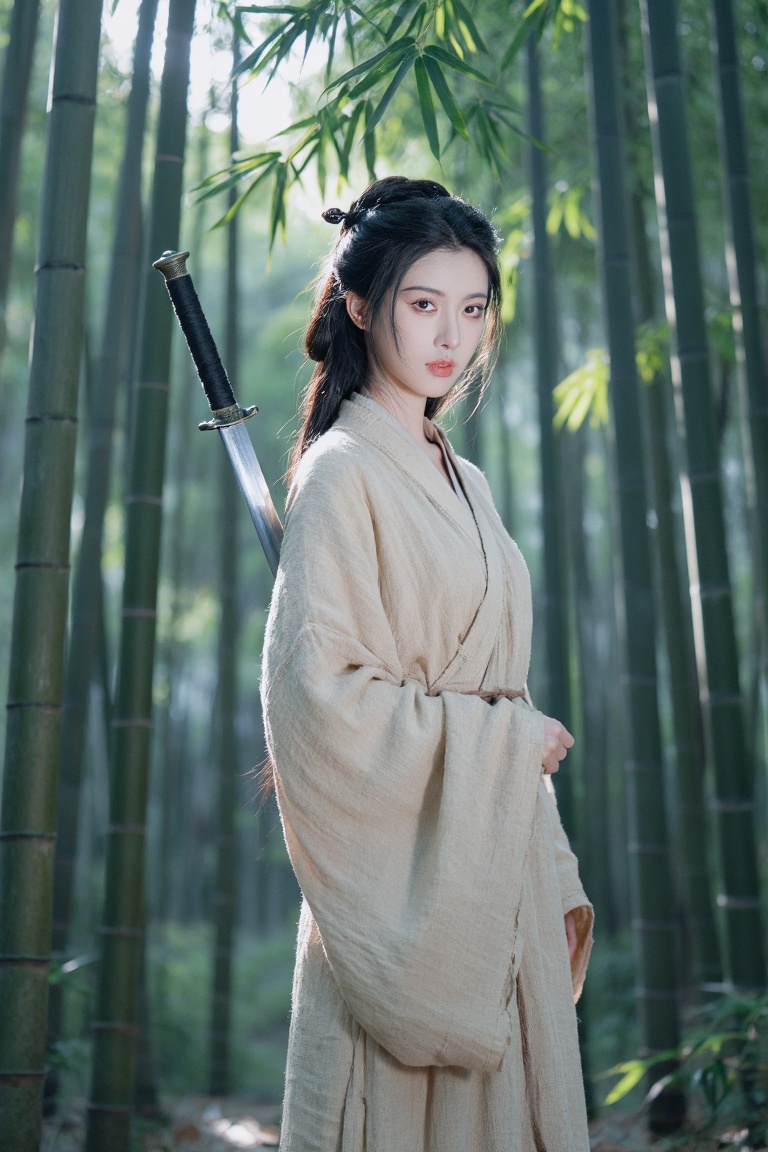 A GuoFeng Wuxia-inspired scene. An East Asian woman in a simple,  structured linen robe stands in a dense,  emerald-green...