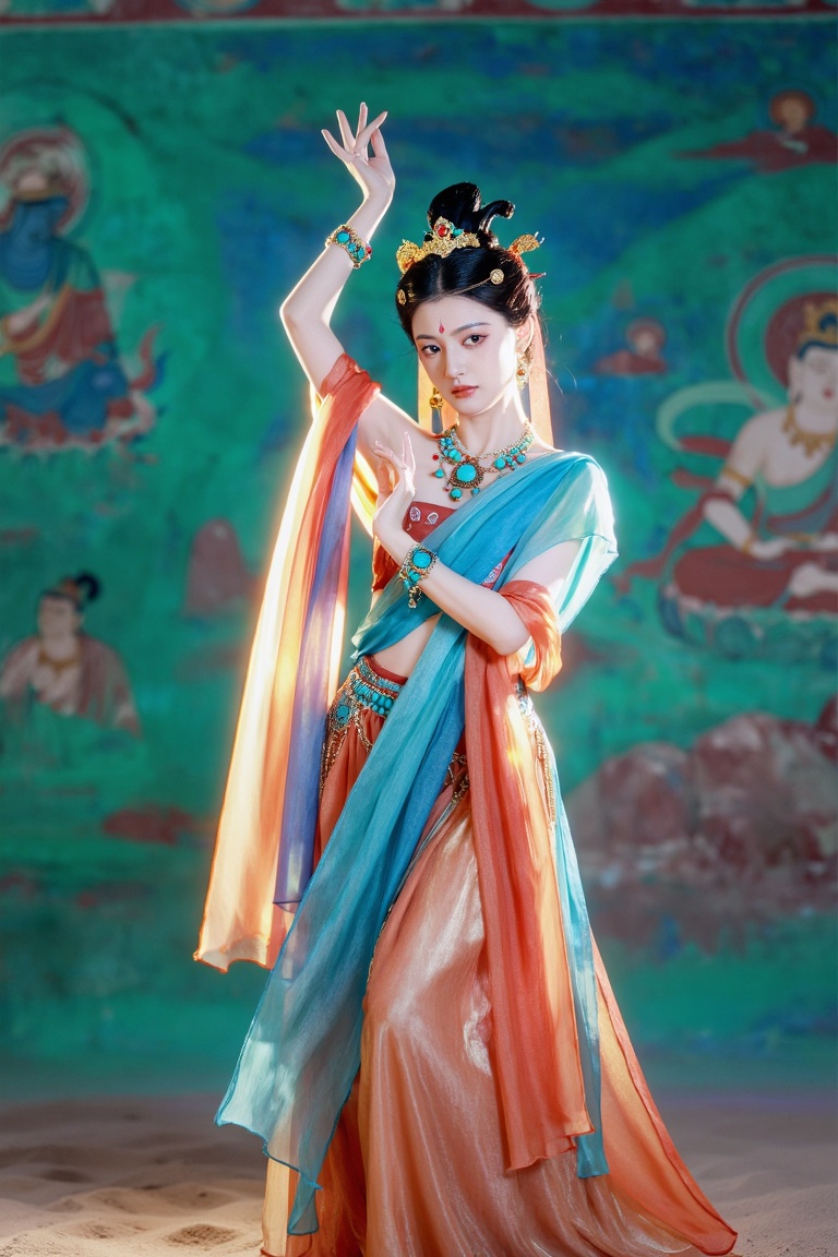 A GuoFeng artistic portrait inspired by Dunhuang murals. An East Asian woman in layered,  colorful silk ribbons and heavy...