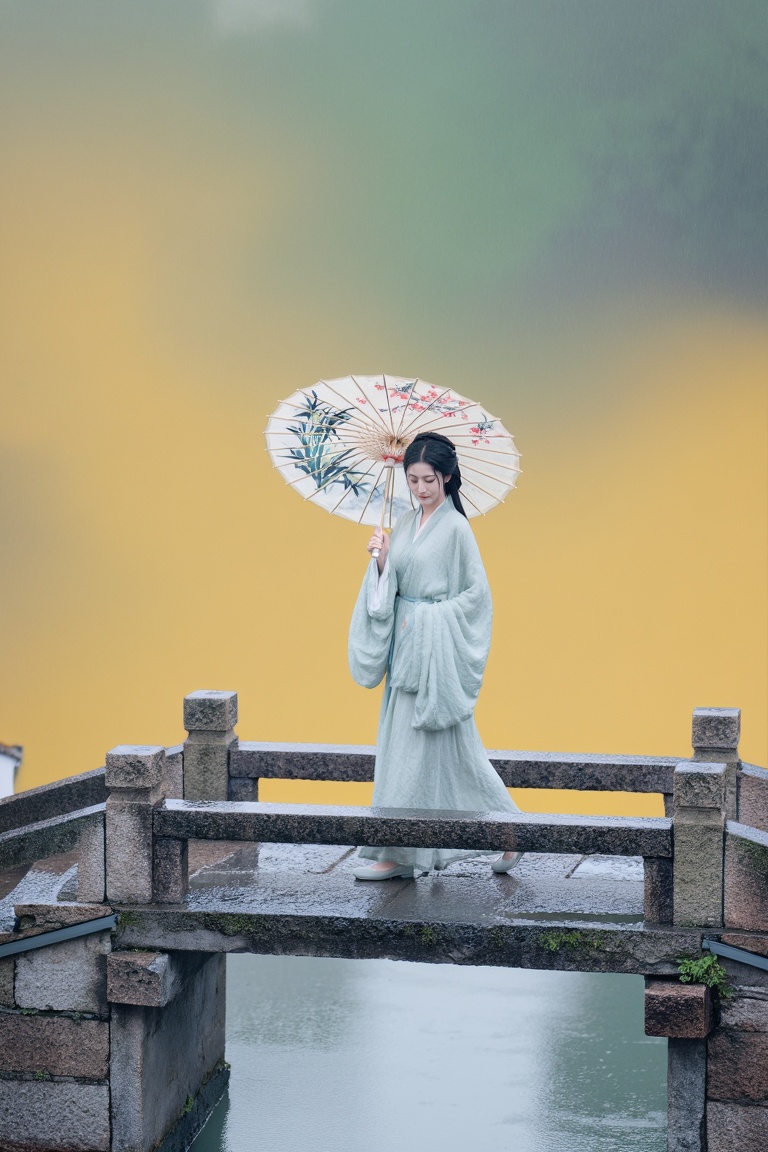 A GuoFeng scene of an East Asian woman walking across a stone bridge in an ancient water town. She is holding a hand-paint...