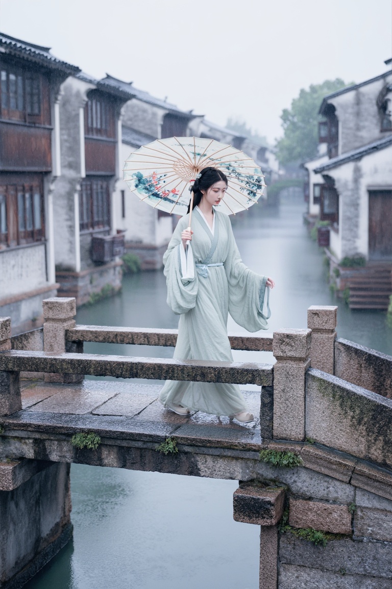 A GuoFeng scene of an East Asian woman walking across a stone bridge in an ancient water town. She is holding a hand-paint...