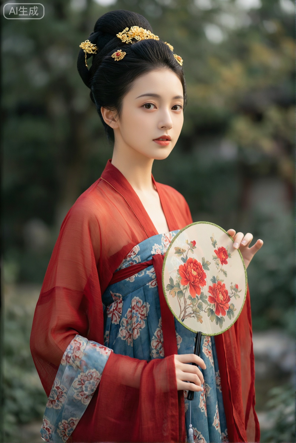 这是一张汉服女子的近景特写。她身着红色纱质外衫与蓝底花卉纹样长裙,梳着高髻并佩戴华丽金色头饰,手持绘有红色牡丹的团扇。人物面部沉静,身体微侧,头部转向镜头。背景被虚化为朦胧的绿色调,暗示户外园林环境。焦点清晰落在人物面部与服饰细节上,柔和的用光与色调共同营造出一种如画般宁静、典雅的东方美学意境。