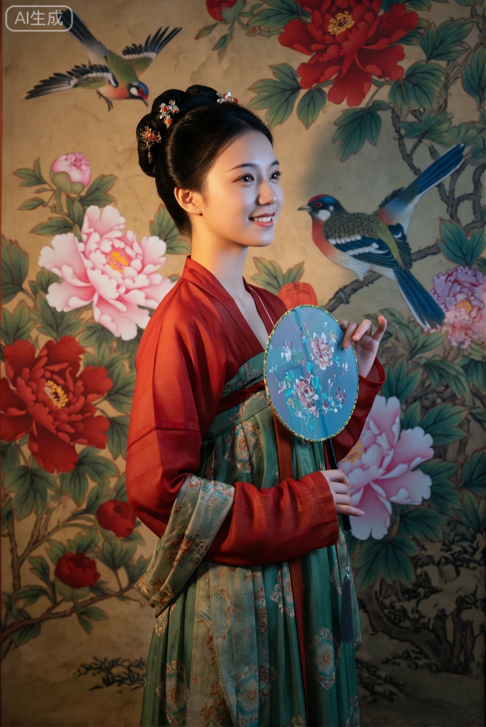 画面主体是一位手持蓝色花卉团扇的汉服女子。她身着红色上衣与绿色印花长裙,发髻点缀精美饰品,侧身站立,面带温柔微笑。背景是一幅色彩鲜艳、绘有牡丹花鸟的传统中式壁画。侧光照射在人物与壁画上,形成了富有层次的光影效果。整体构图典雅,色彩对比鲜明又和谐,极具古雅温婉的东方韵味。