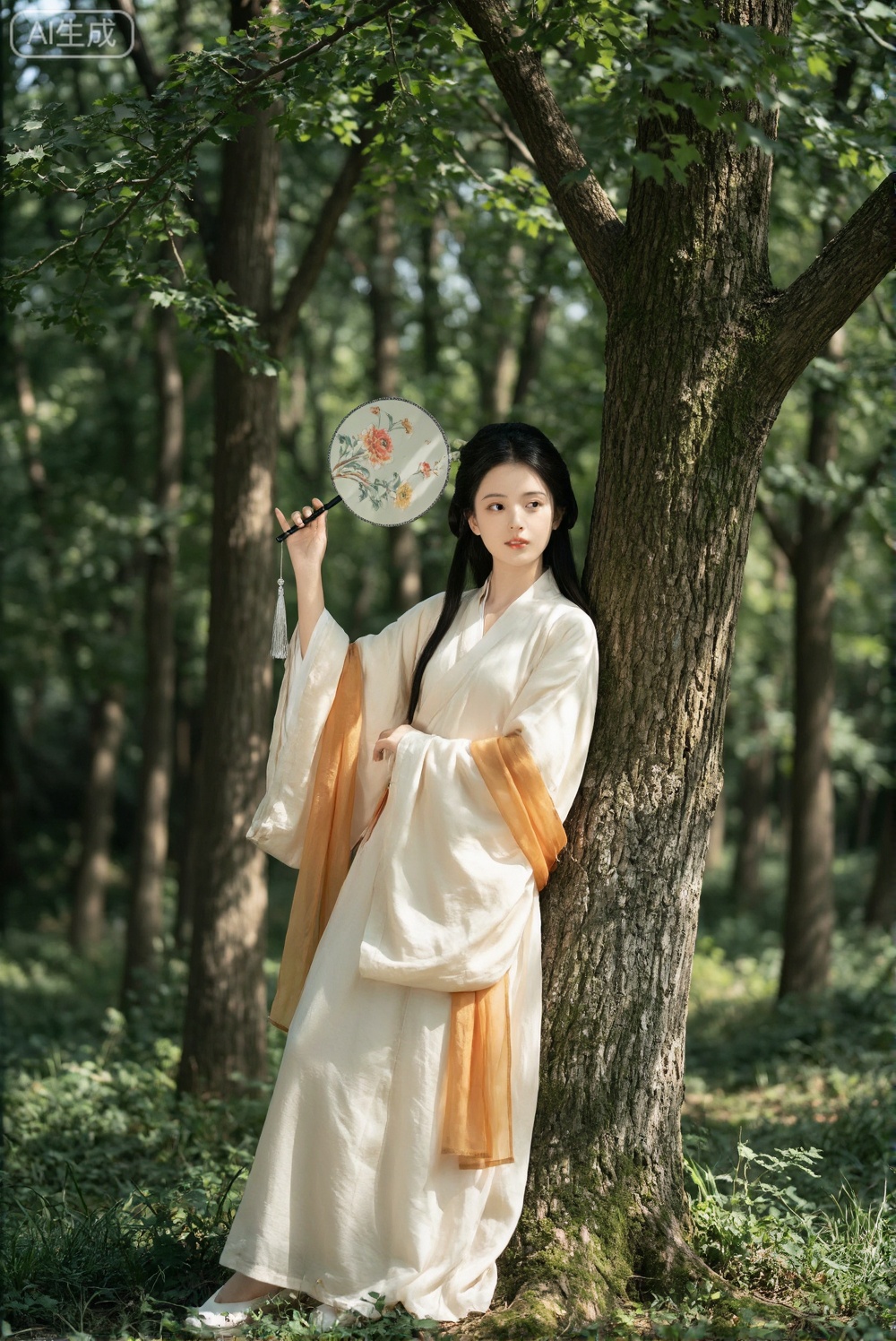 这张图片描绘了一位身着传统服饰的女子融入自然的场景。她身着米白色长袍,袖口垂有橙色飘带,优雅地倚靠在一棵大树下,手持一柄绘有花卉图案的团扇。背景是茂密的树林,阳光透过枝叶洒下斑驳光影。画面构图以人物为中心,自然环境环绕,整体色调柔和自然,透露出一种远离尘嚣的宁静、清新与闲适之感,展现了人与自然和谐共处的意境。