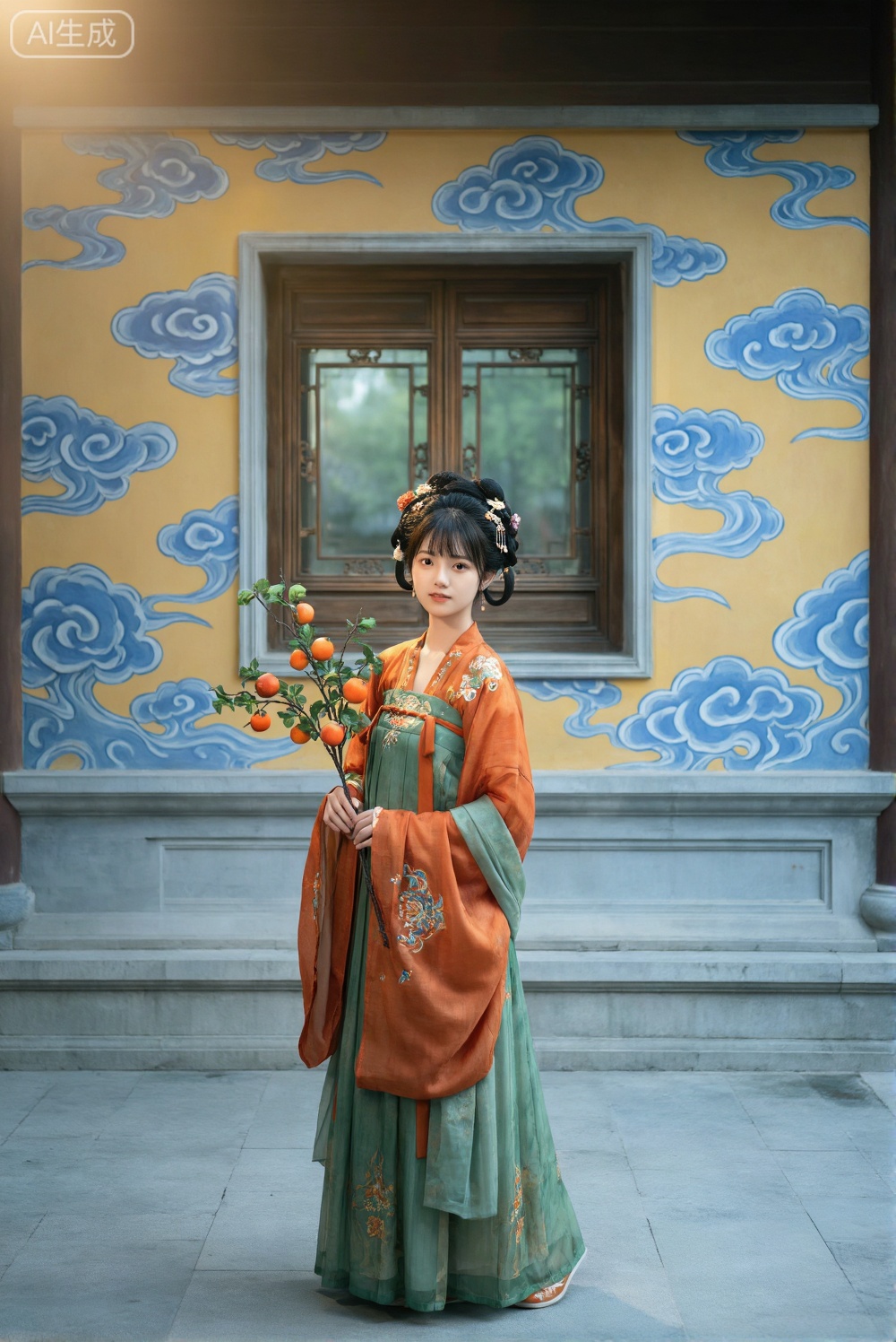 图片展现了一位汉服女子在古典建筑前的完整造型。她身着橙、绿色刺绣汉服,手持带有橙色果实的树枝,发型与发饰皆很精致。背景是带有蓝色云纹图案的黄色墙壁,中央有一扇古典木制花窗,窗外绿意朦胧。光线从画面左上方柔和照射,营造出温暖的氛围。整体构图平衡,色调和谐,建筑细节与人物服饰相得益彰,充满了传统的雅致美感。