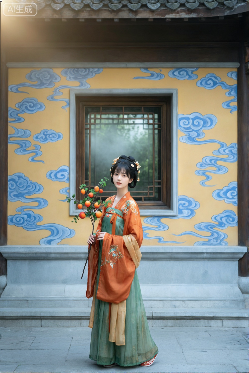 图片展现了一位汉服女子在古典建筑前的完整造型。她身着橙、绿色刺绣汉服,手持带有橙色果实的树枝,发型与发饰皆很精致。背景是带有蓝色云纹图案的黄色墙壁,中央有一扇古典木制花窗,窗外绿意朦胧。光线从画面左上方柔和照射,营造出温暖的氛围。整体构图平衡,色调和谐,建筑细节与人物服饰相得益彰,充满了传统的雅致美感。