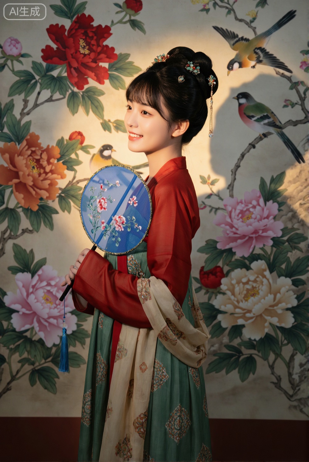 画面主体是一位手持蓝色花卉团扇的汉服女子。她身着红色上衣与绿色印花长裙,发髻点缀精美饰品,侧身站立,面带温柔微笑。背景是一幅色彩鲜艳、绘有牡丹花鸟的传统中式壁画。侧光照射在人物与壁画上,形成了富有层次的光影效果。整体构图典雅,色彩对比鲜明又和谐,极具古雅温婉的东方韵味。