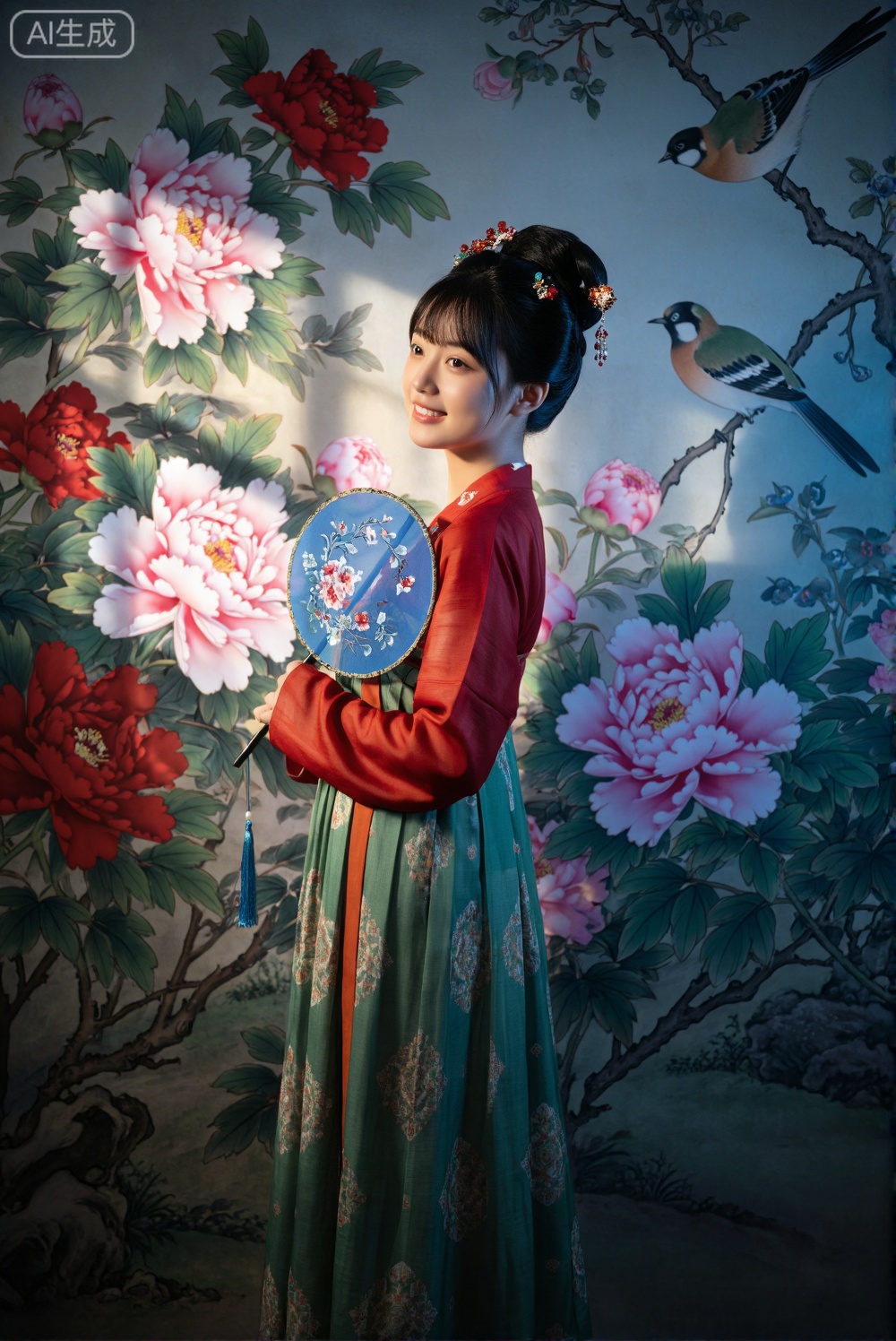 画面主体是一位手持蓝色花卉团扇的汉服女子。她身着红色上衣与绿色印花长裙,发髻点缀精美饰品,侧身站立,面带温柔微笑。背景是一幅色彩鲜艳、绘有牡丹花鸟的传统中式壁画。侧光照射在人物与壁画上,形成了富有层次的光影效果。整体构图典雅,色彩对比鲜明又和谐,极具古雅温婉的东方韵味。