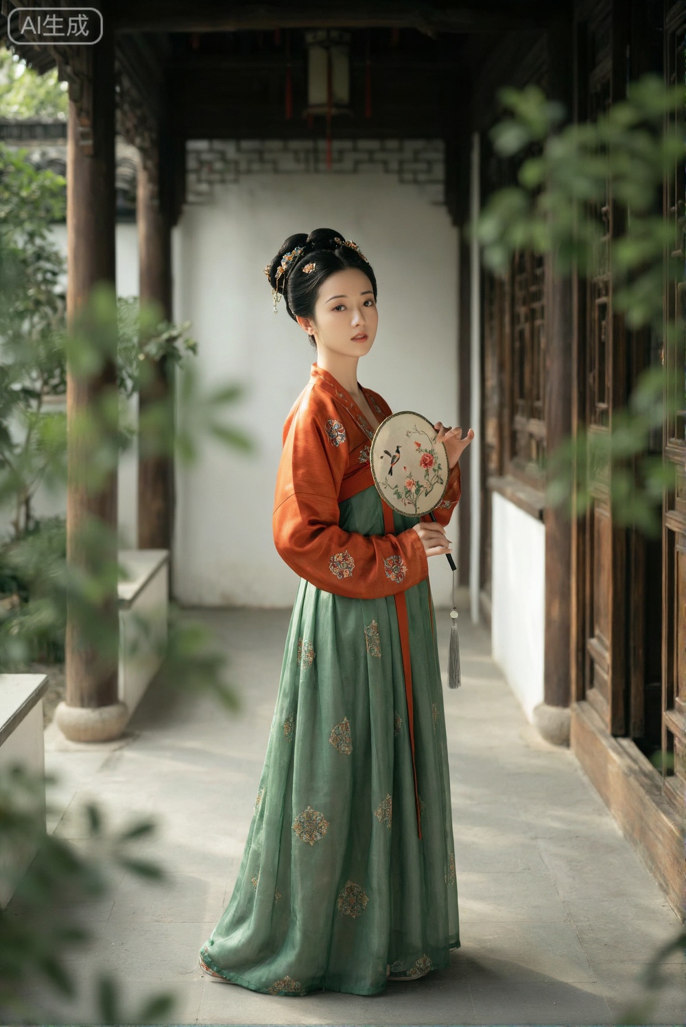 图片呈现了一位身着汉服女子的古典场景。她梳着精致的发髻,佩戴华丽发饰,身穿绣有花纹的橙红色上衣与绿色长裙,手持绘有花鸟的团扇,姿态端庄。背景是古朴的中式回廊与木质门窗,周围点缀着绿植。柔和的光线均匀地照亮人物与环境,营造出静谧、雅致的氛围,完美展现了传统服饰的华美与东方女性的温婉气质。