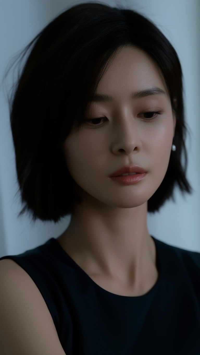 photorealistic indoor low-light studio portrait of a chic young Asian woman,  close-up head-and-shoulders framing,  not lo...