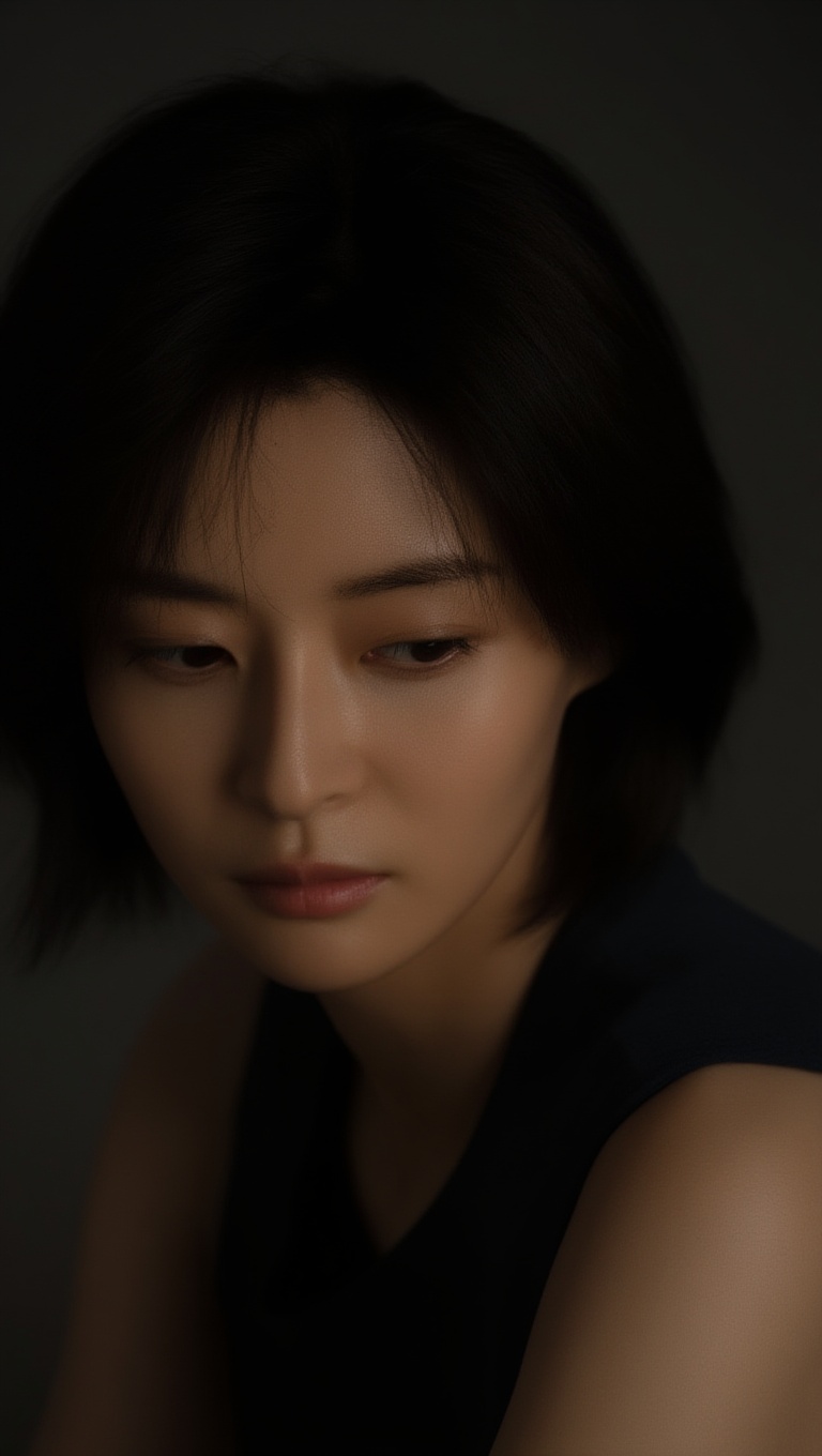 photorealistic indoor low-light studio portrait of a young Asian woman,  close-up head-and-shoulders,  not looking at came...