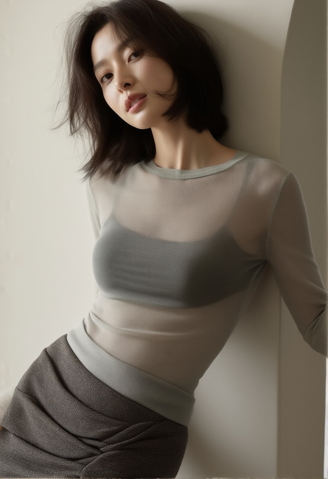 high-end fashion editorial photo of a beautiful young Korean woman (ek_nora_kww),  20yo,  with a tousled short bob haircut...