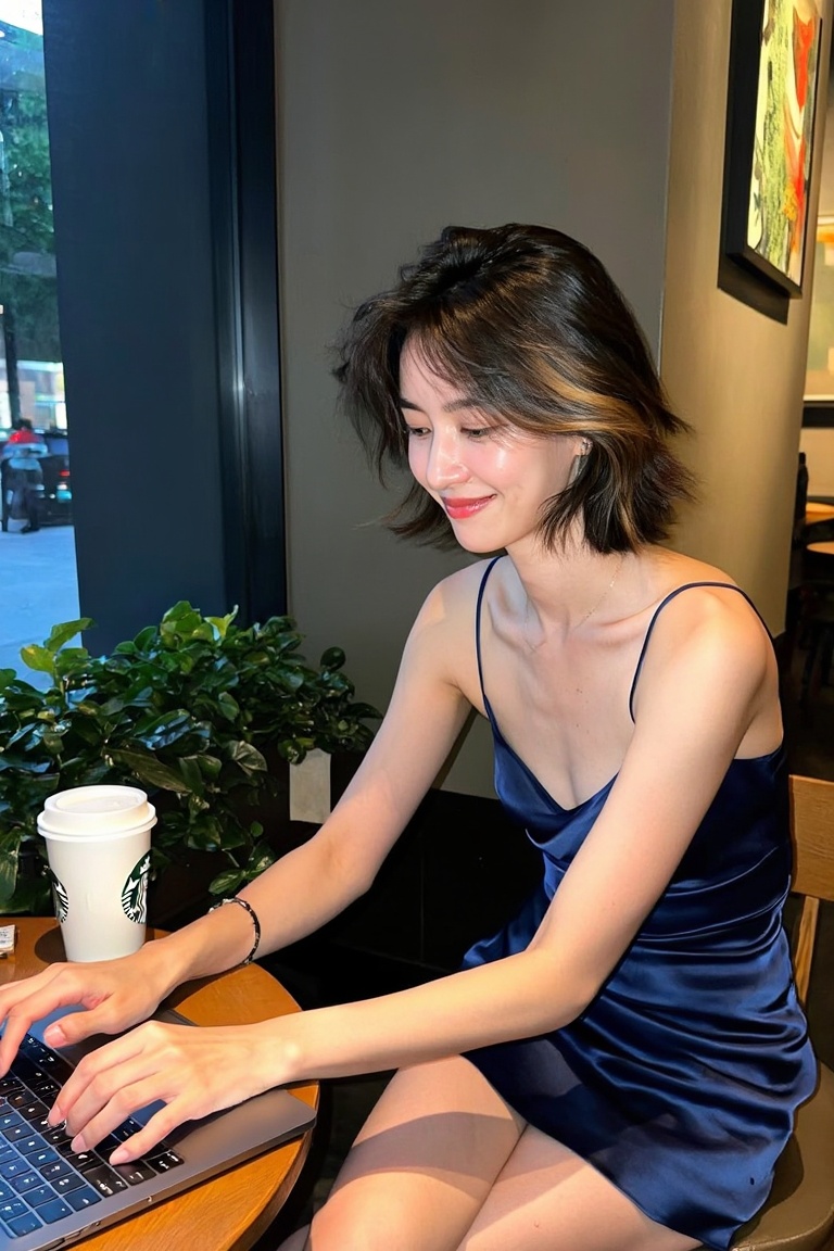 A candid lifestyle photo of a young woman sitting at her favorite café,  a coffee cup placed beside her on the table,  cas...