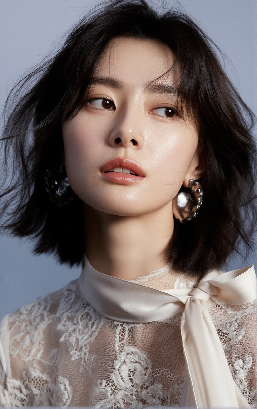 high-end fashion editorial close-up portrait of a beautiful young Korean woman (ek_nora_kww),  20yo,  with a tousled short...
