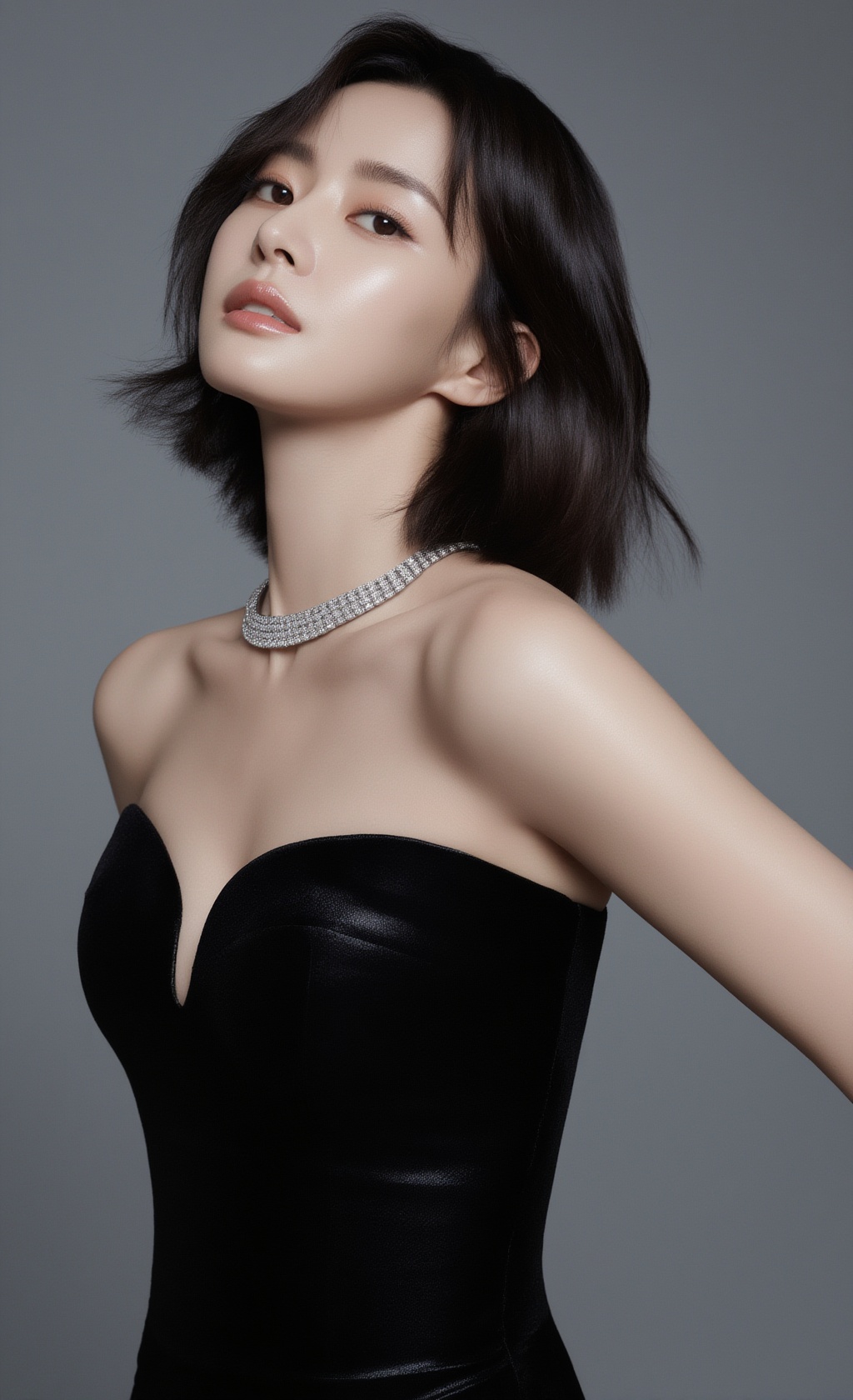 high-fashion editorial portrait of a stunning Korean woman standing elegantly in a minimalist luxury studio,  tousled bob...