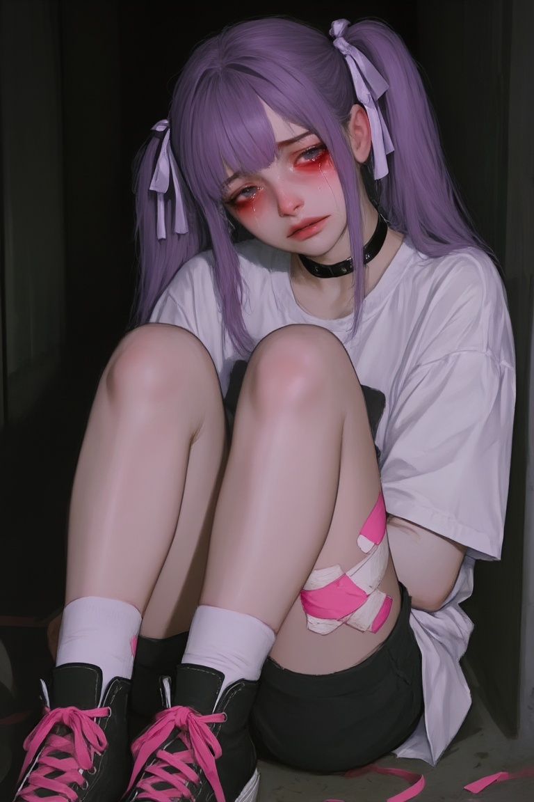 a girl sitting huddled on the ground with her knees pulled to her chest. She has purple hair tied in twin tails with ribbo...