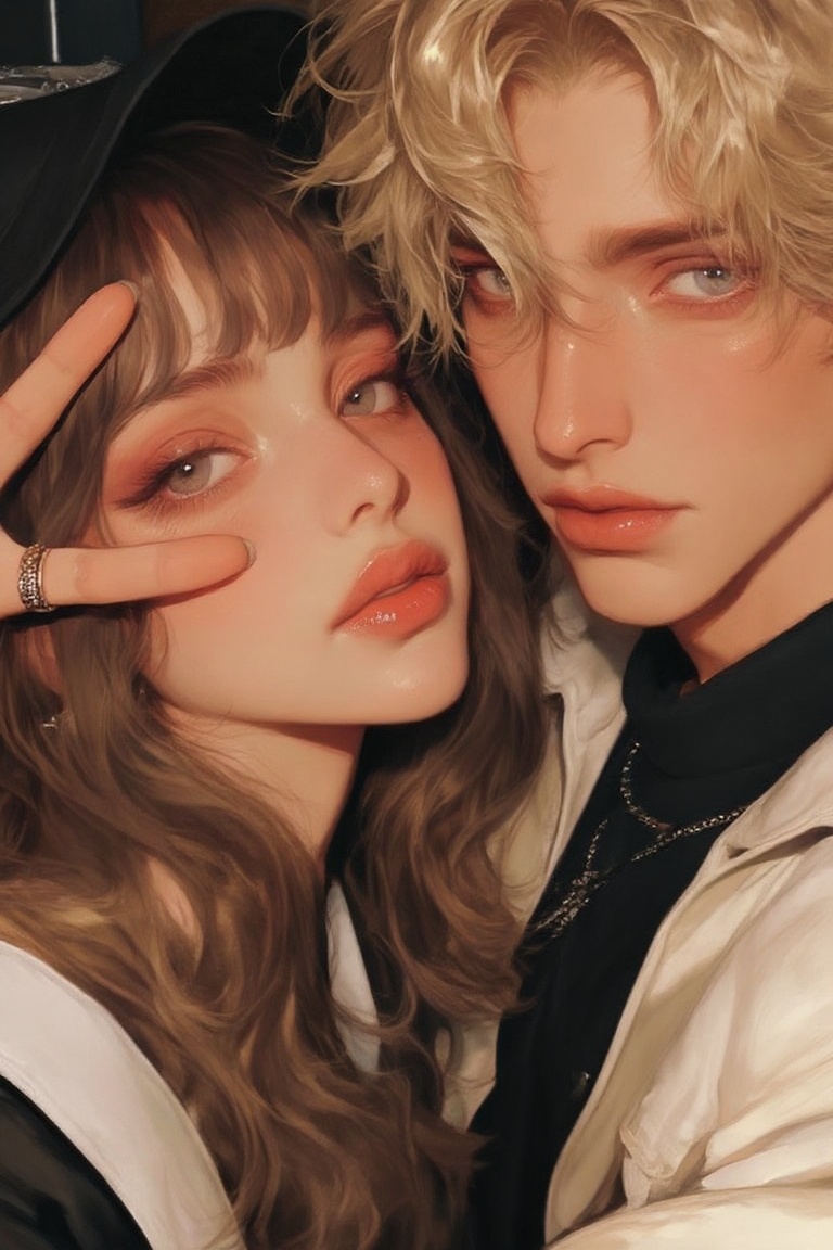 A glamorous close-up of a couple posing for a photo,  with a beautiful young woman flashing a peace sign near her eye. She...