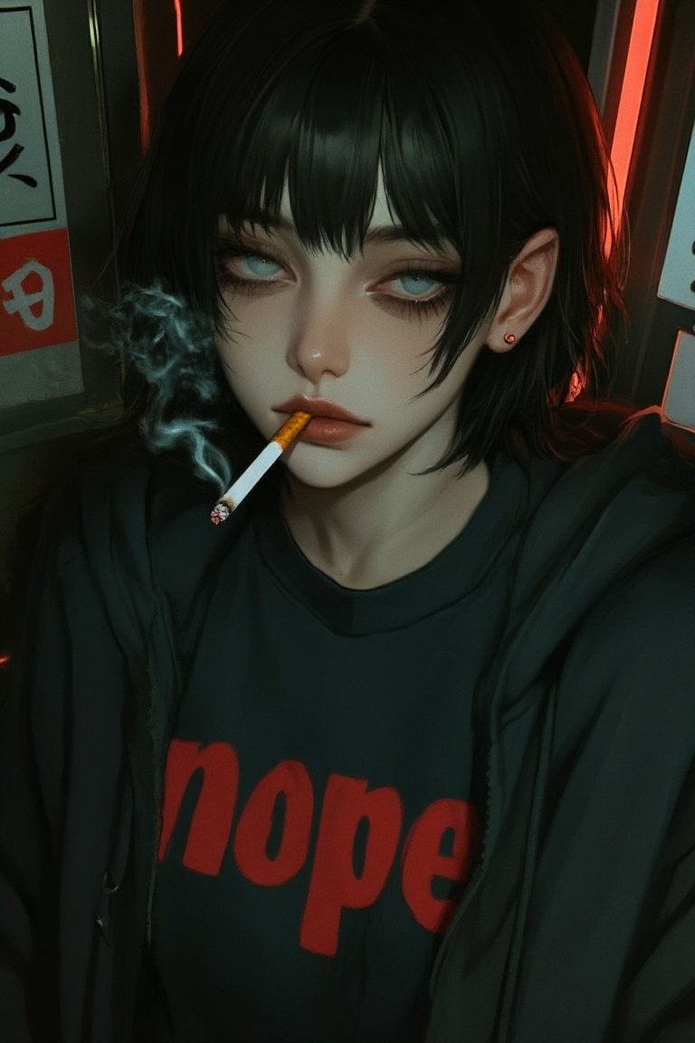 a digital illustration shoot from a close-up camera angle about a young woman with pale skin and black hair,  smoking a ci...