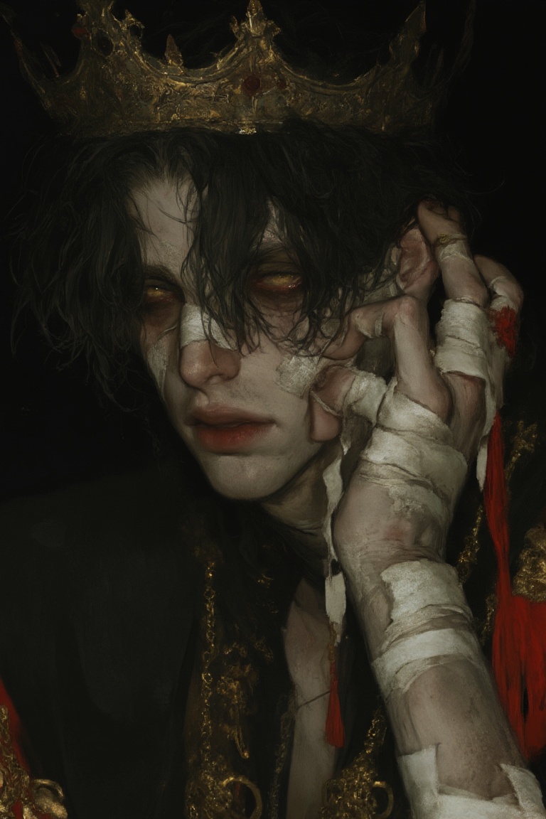 A moody,  high-contrast portrait of a fallen king with messy black curls wearing a tarnished gold crown. His pale skin is...