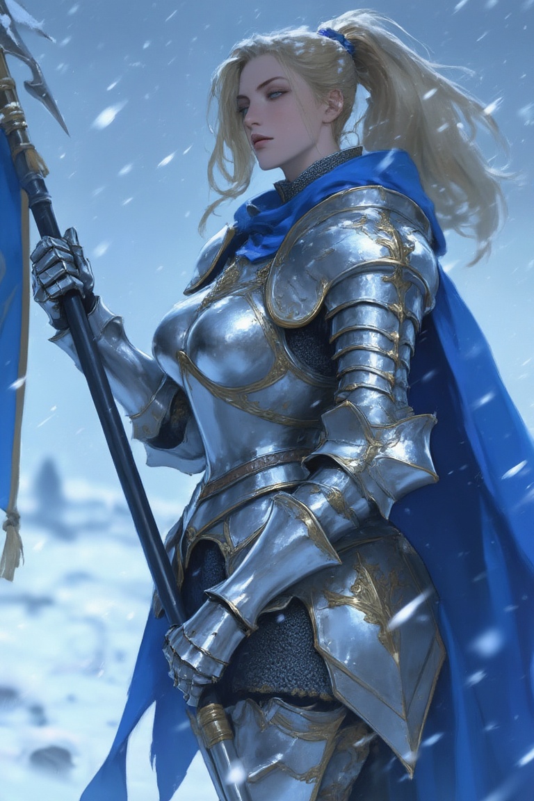 a female knight standing tall amidst a falling snowstorm. She wears polished silver plate armor with intricate gold detail...