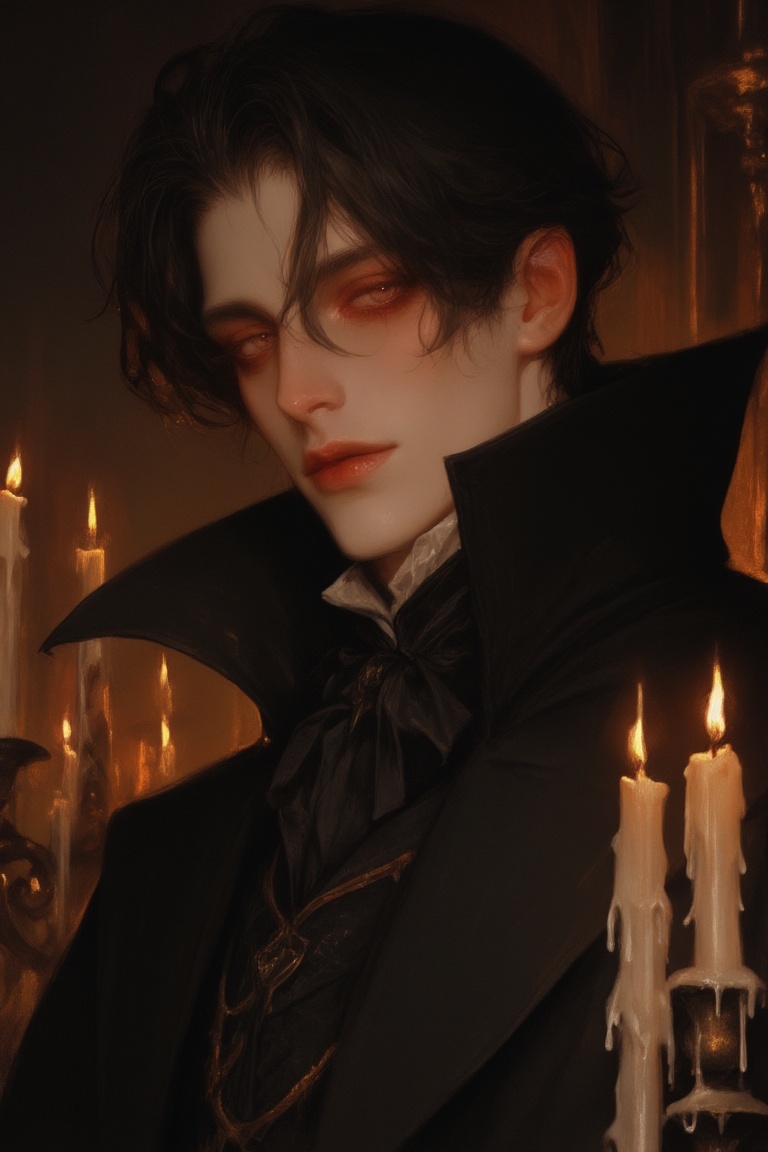 A romantic gothic portrait of a handsome nobleman surrounded by melting candles. He wears a high-collared black cloak and...