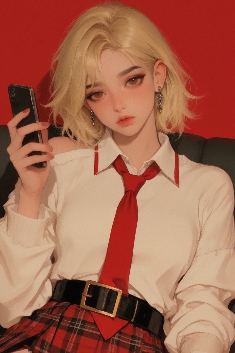 a digital illustration shoot from a close-up camera angle about a young woman with short blonde hair,  wearing a white blo...