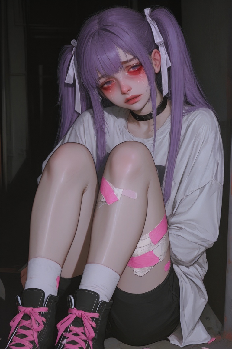 a girl sitting huddled on the ground with her knees pulled to her chest. She has purple hair tied in twin tails with ribbo...