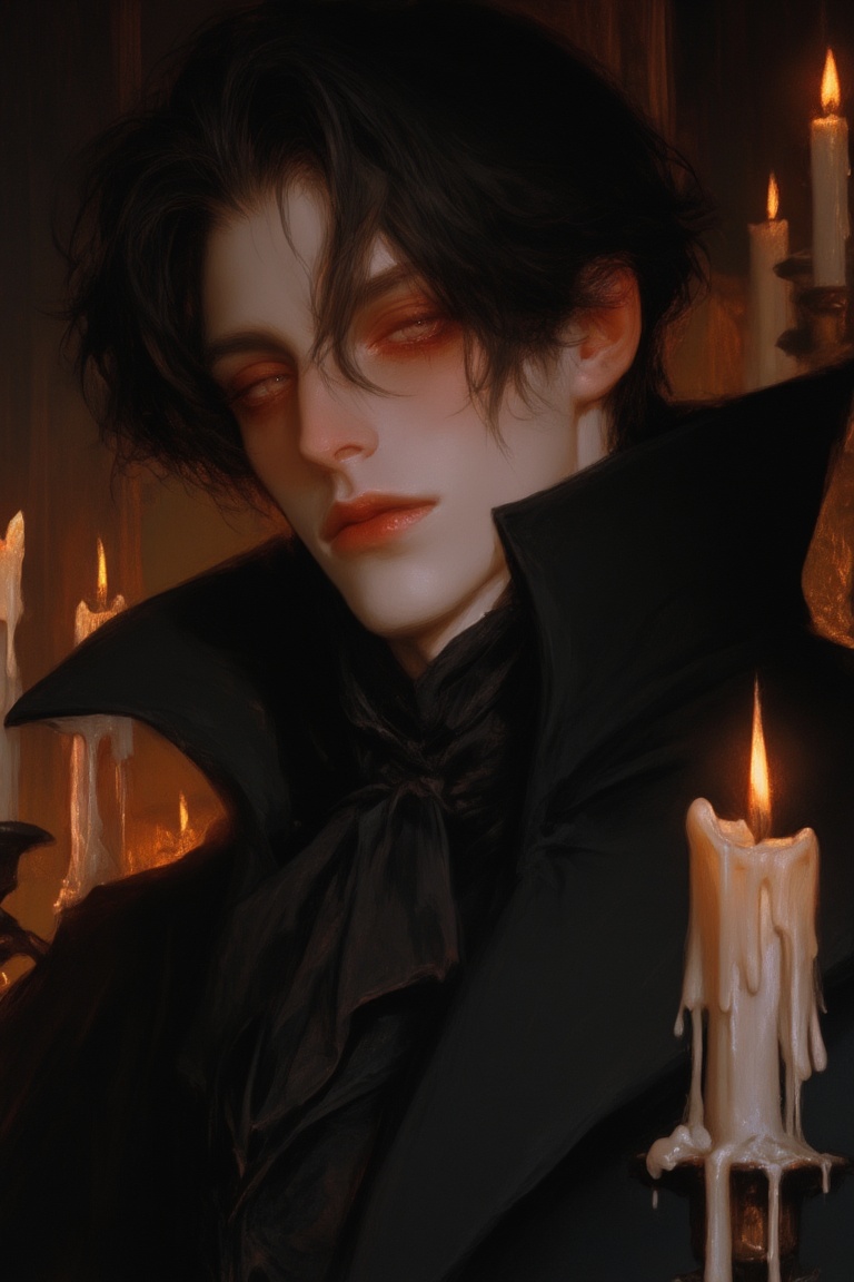 A romantic gothic portrait of a handsome nobleman surrounded by melting candles. He wears a high-collared black cloak and...