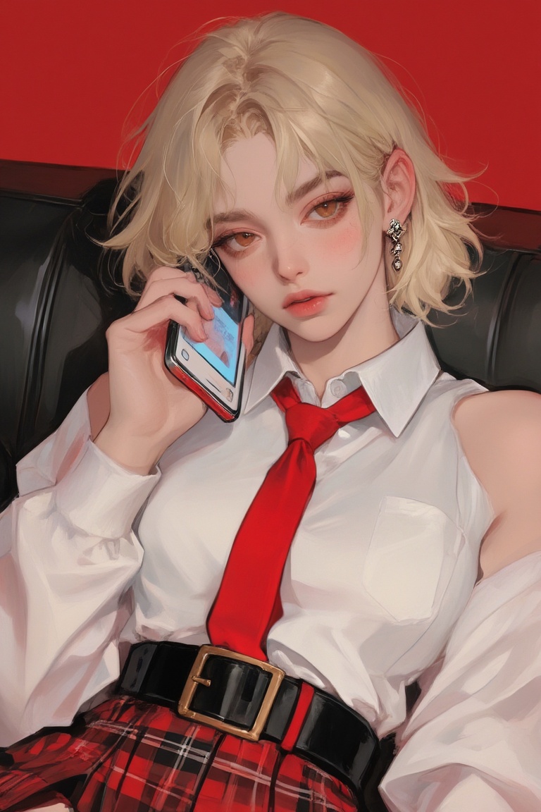 a digital illustration shoot from a close-up camera angle about a young woman with short blonde hair,  wearing a white blo...