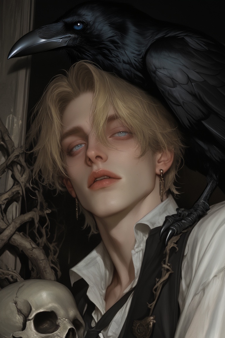 a digital illustration shoot from a close-up camera angle about a portrait of a young man with a raven perched on his head...