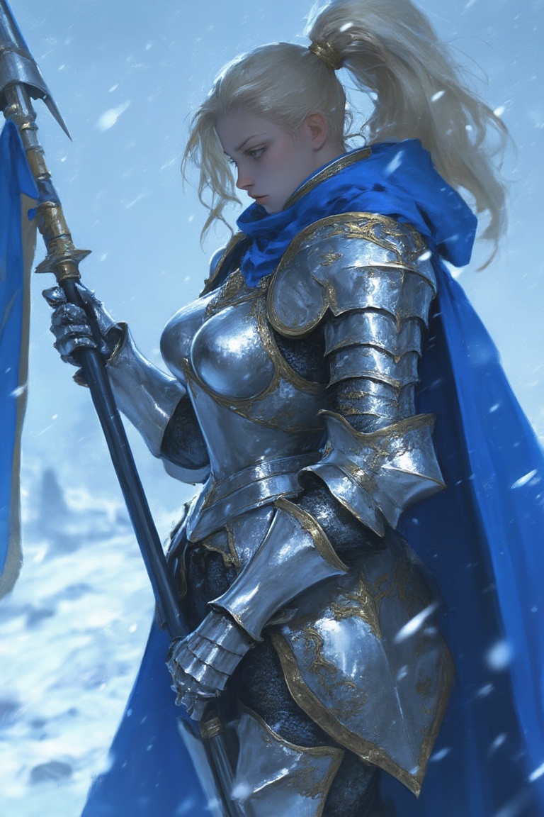 a female knight standing tall amidst a falling snowstorm. She wears polished silver plate armor with intricate gold detail...