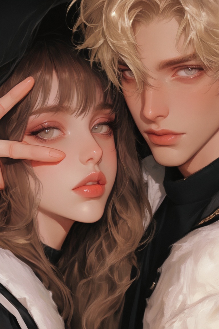 A glamorous close-up of a couple posing for a photo,  with a beautiful young woman flashing a peace sign near her eye. She...