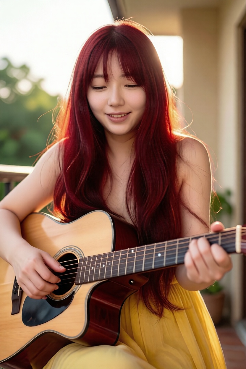A photo of playing an acoustic guitar on a sunny balcony in the morning. She has very long,  flowing cherry red hair that...