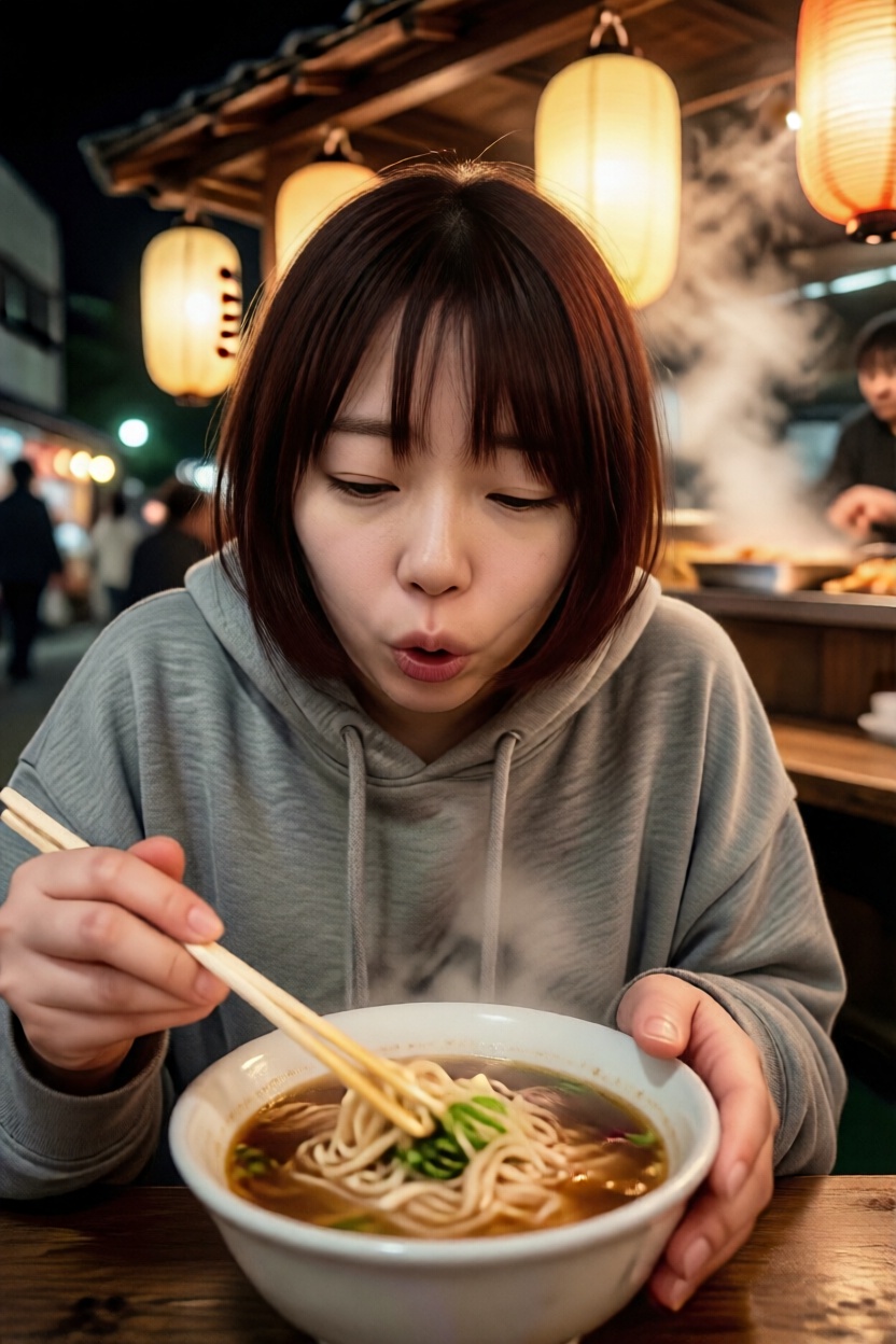 A candid photo of eating hot ramen at a traditional Japanese outdoor food stall (yatai) at night. She is wearing a simple...