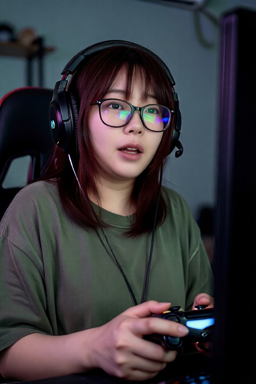 A photo of playing video games in a dark room. She is wearing a large gaming headset and a casual oversized T-shirt. The v...