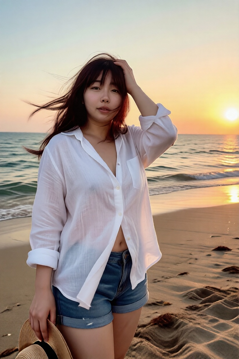 A wide-angle photo of standing on a sandy beach at sunset. She is wearing a casual oversized white linen shirt,  half-tuck...