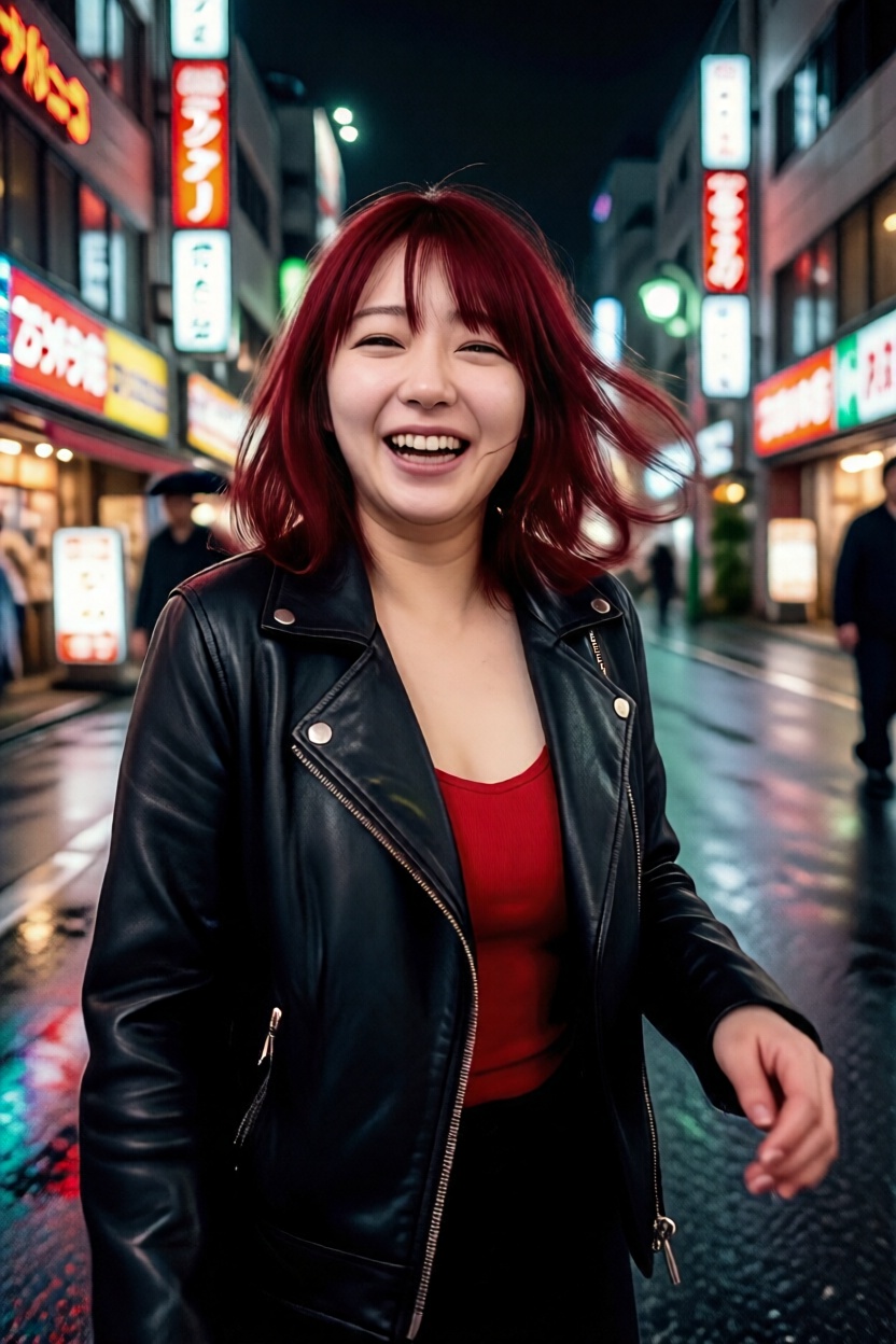 A photo of laughing and running lightly towards the camera on a street in Shinjuku at night. Bright neon signs in Japanese...