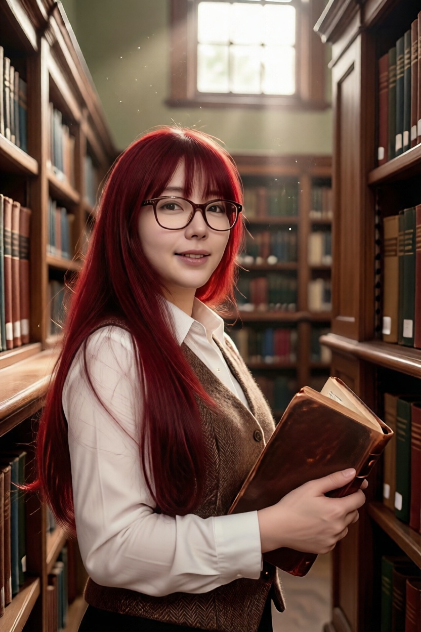 A photo of acting as a librarian in a grand,  sunlit classic library with floor-to-ceiling bookshelves. She is wearing a m...