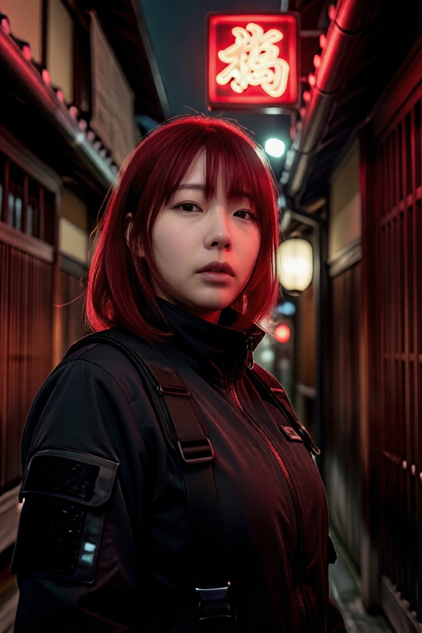 A striking photo of standing in a narrow alley of a traditional Japanese district at night,  illuminated by a single brill...